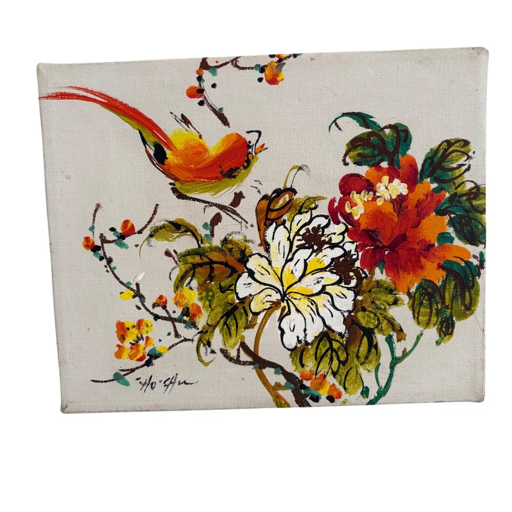 Vintage Signed Bird and Floral‎ Oil Painting on Canvas Asian Style Art 8x10